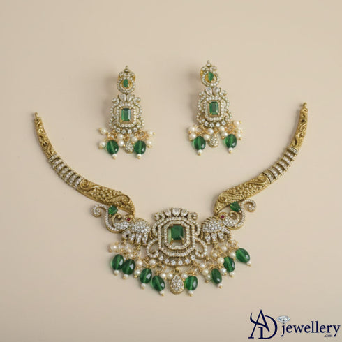 Emerald and Diamond-Look Necklace Set