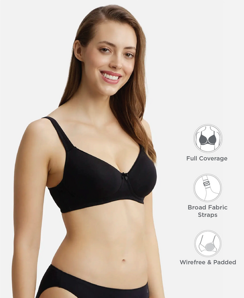 Jockey Wirefree Padded Cotton Stretch Full Coverage T-Shirt Bra with Broad Fabric Straps - Black