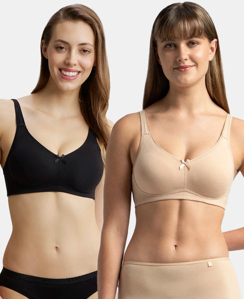 Jockey Pack of 2 Wirefree Non Padded Cotton Stretch Full Coverage Everyday Bra with Concealed Shaper Panel - Black And Skin