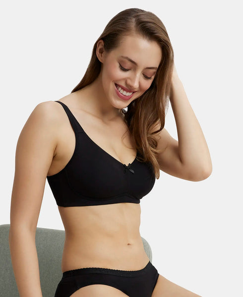 Jockey Pack of 2 Wirefree Non Padded Cotton Stretch Full Coverage Everyday Bra with Concealed Shaper Panel - Black And Skin