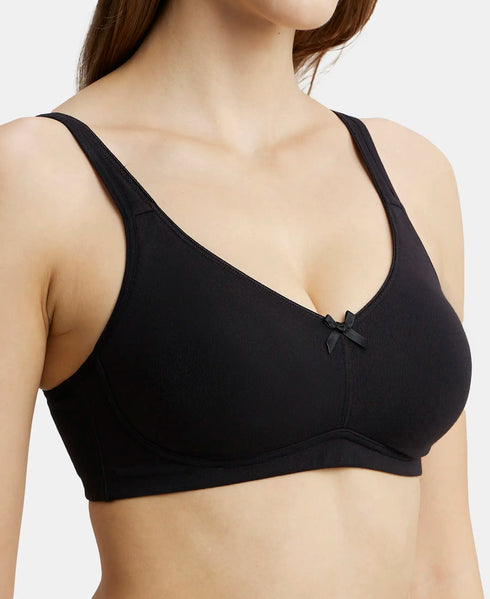 Jockey Pack of 2 Wirefree Non Padded Cotton Stretch Full Coverage Everyday Bra with Concealed Shaper Panel - Black And Skin