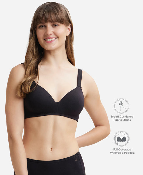 Jockey Wirefree Padded Cotton Stretch Full Coverage Lounge Bra with Broad Cushioned Fabric Strap - Black