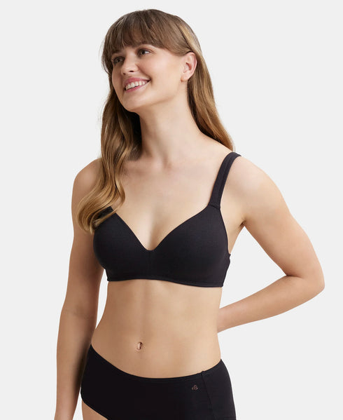 Jockey Wirefree Padded Cotton Stretch Full Coverage Lounge Bra with Broad Cushioned Fabric Strap - Black