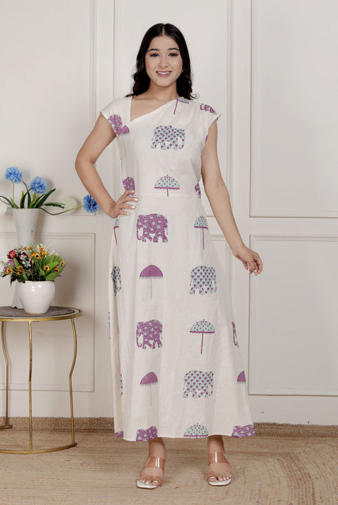 Miravan Womens Off White Animal printed Asymmetric neck A line Maxi dress