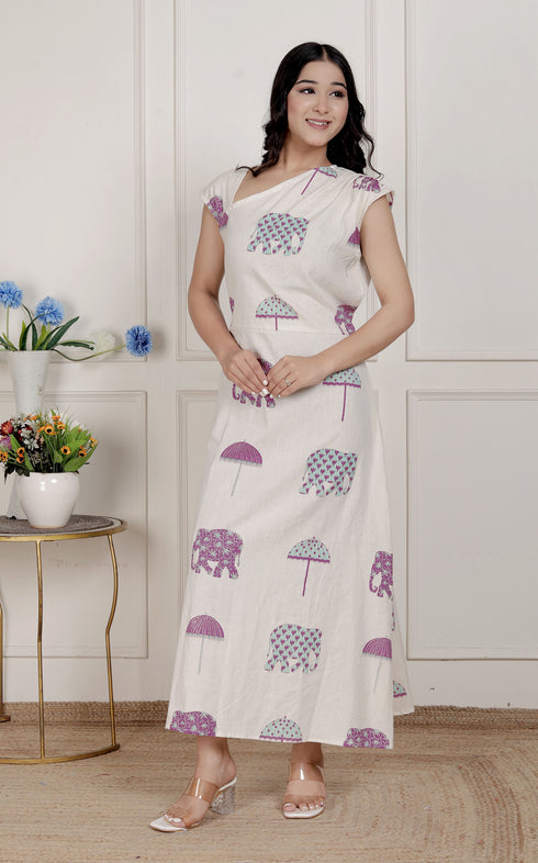 Miravan Womens Off White Animal printed Asymmetric neck A line Maxi dress