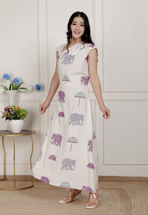 Miravan Womens Off White Animal printed Asymmetric neck A line Maxi dress