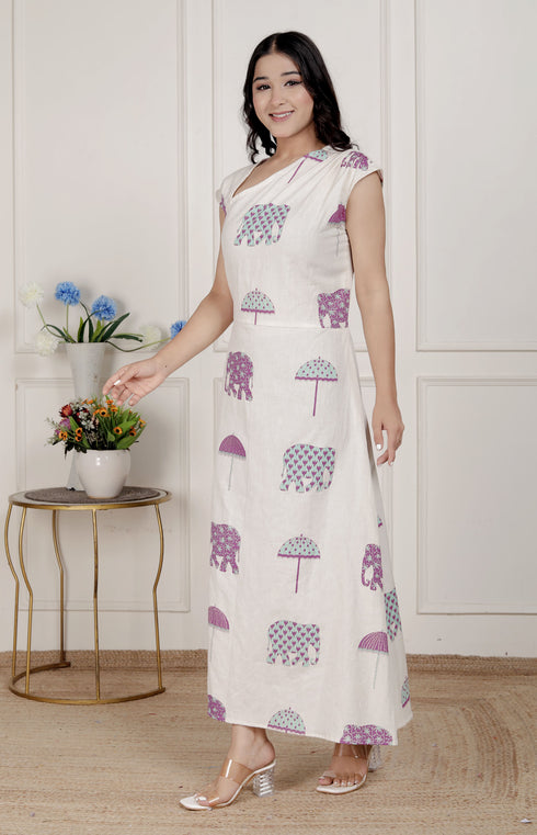 Miravan Womens Off White Animal printed Asymmetric neck A line Maxi dress