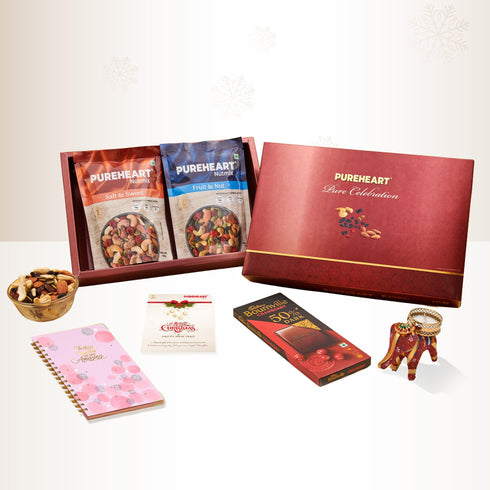 PUREHEART Christmas & New Year Celebration Gift Hamper | Premium Gift Box with Fruit & Nut Mix, Salt & Sweet Nutmix (80g, each), Today Diary, Candle, Chocolate & Card | Holiday Christmas Return Gift