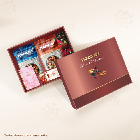 PUREHEART Christmas & New Year Celebration Gift Hamper | Premium Gift Box with Fruit & Nut Mix, Salt & Sweet Nutmix (80g, each), Today Diary, Candle, Chocolate & Card | Holiday Christmas Return Gift