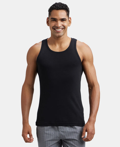 Jockey Super Combed Cotton Rib Round Neck Sleeveless Vest | Black And Neon Blue