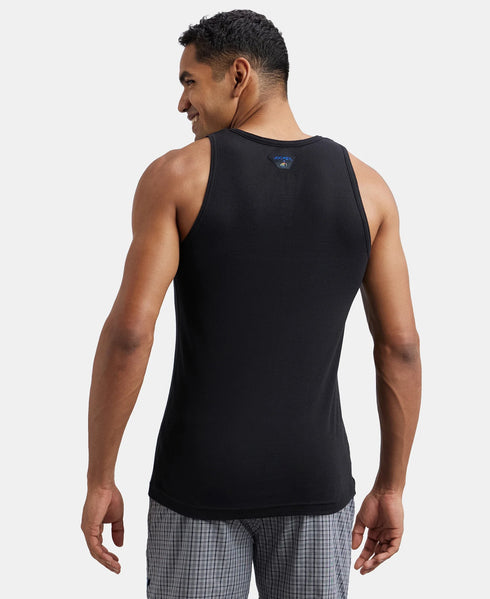 Jockey Super Combed Cotton Rib Round Neck Sleeveless Vest | Black And Neon Blue
