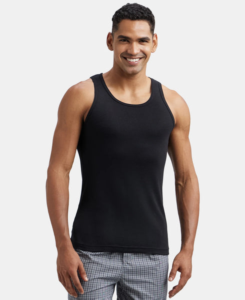Jockey Super Combed Cotton Rib Round Neck Sleeveless Vest | Black And Neon Blue