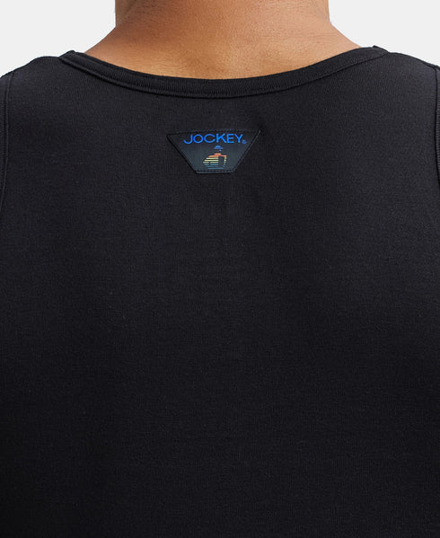 Jockey Super Combed Cotton Rib Round Neck Sleeveless Vest | Black And Neon Blue