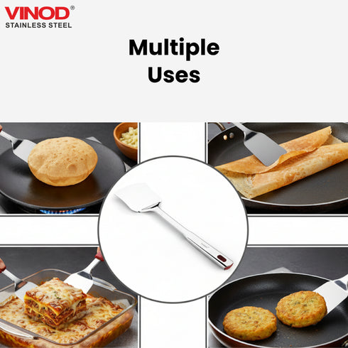 Vinod Stainless Queens Steel Roti Turner Heavy Gauge Flat Plain Cooking Spoon Steel Spatula I Set of 2 I no 1