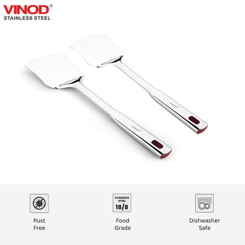 Vinod Stainless Queens Steel Roti Turner Heavy Gauge Flat Plain Cooking Spoon Steel Spatula I Set of 2 I no 1