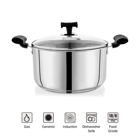 Vinod DONIV Stainless Steel Sandwich Bottom Solitaire Sauce Pot with Glass Lid and Side handle Induction Friendly Capacity 5 Ltr 24cm