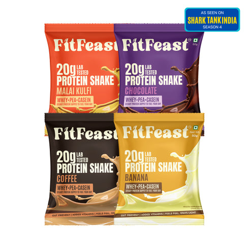 Fitfeast Assorted Protein Sachet Pack – Malai Kulfi|Chocolate|Banana & Coffee Flavour