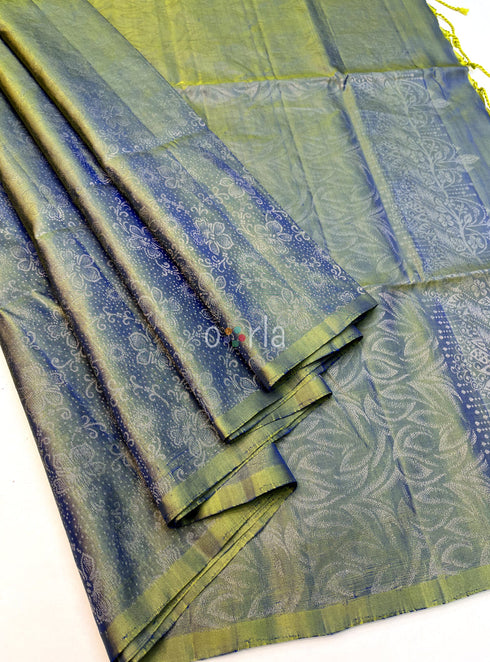 Prakruthi Ezhil Yellow Cross Blue Pure Silver Zari with Sleeve Work Handloom Soft Silk Saree