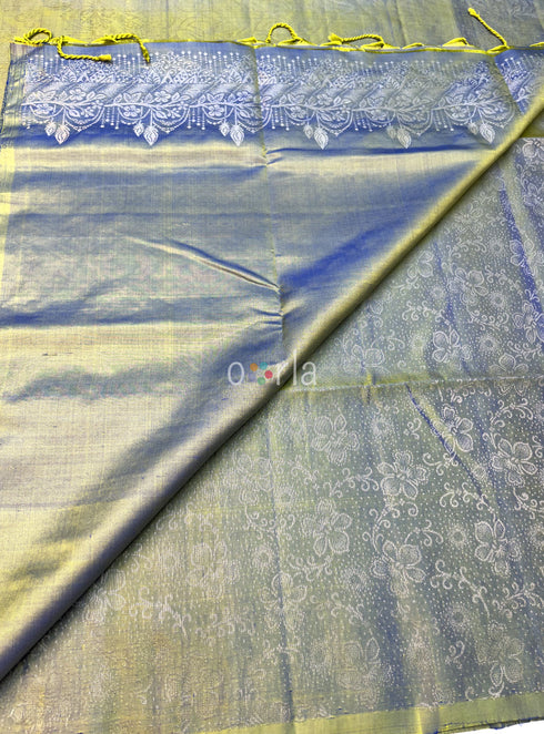 Prakruthi Ezhil Yellow Cross Blue Pure Silver Zari with Sleeve Work Handloom Soft Silk Saree