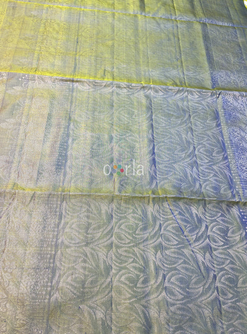 Prakruthi Ezhil Yellow Cross Blue Pure Silver Zari with Sleeve Work Handloom Soft Silk Saree
