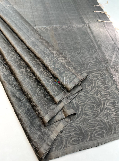 Prakruthi Ezhil Mocha Grey Pure Silver Zari with Sleeve Work Handloom Soft Silk Saree