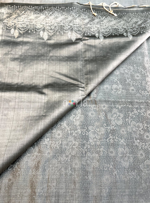 Prakruthi Ezhil Mocha Grey Pure Silver Zari with Sleeve Work Handloom Soft Silk Saree