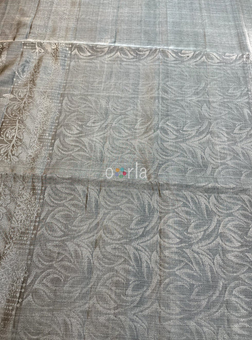 Prakruthi Ezhil Mocha Grey Pure Silver Zari with Sleeve Work Handloom Soft Silk Saree
