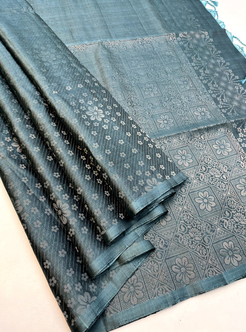 Prakruthi Ezhil Blueish Grey Pure Silver Zari with Sleeve Work Handloom Soft Silk Saree