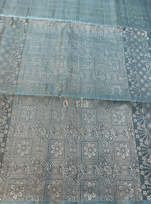 Prakruthi Ezhil Blueish Grey Pure Silver Zari with Sleeve Work Handloom Soft Silk Saree