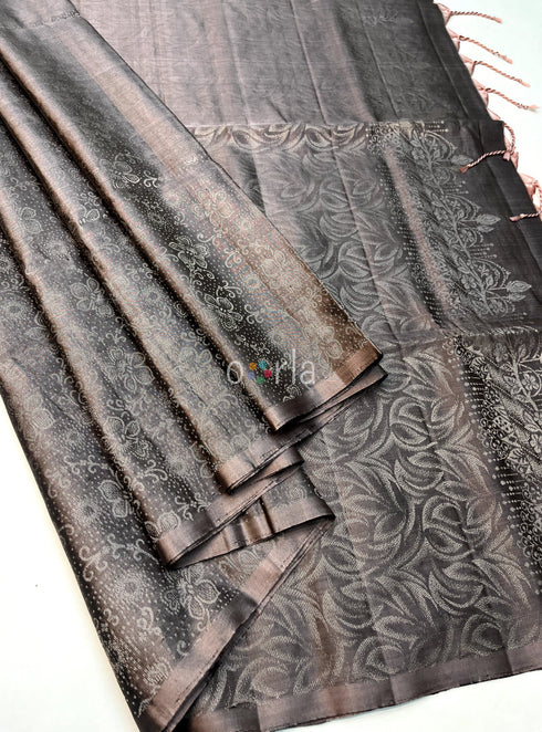 Prakruthi Ezhil Chocolate Grey Pure Silver Zari with Sleeve Work Handloom Soft Silk Saree