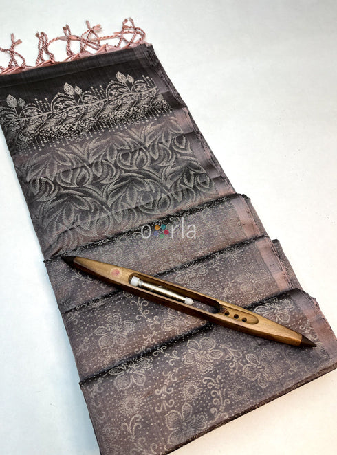 Prakruthi Ezhil Chocolate Grey Pure Silver Zari with Sleeve Work Handloom Soft Silk Saree