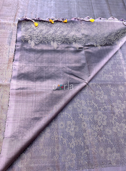 Prakruthi Ezhil Heavenly Lilac Pure Silver Zari with Sleeve Work Handloom Soft Silk Saree