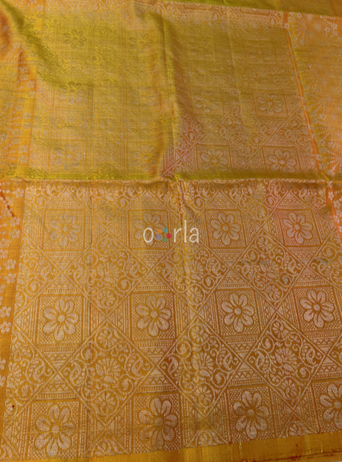 Prakruthi Ezhil Mango Yellow Pure Silver Zari with Sleeve Work Handloom Soft Silk Saree