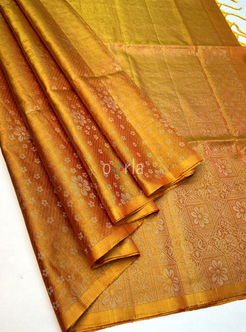 Prakruthi Ezhil Mango Yellow Pure Silver Zari with Sleeve Work Handloom Soft Silk Saree