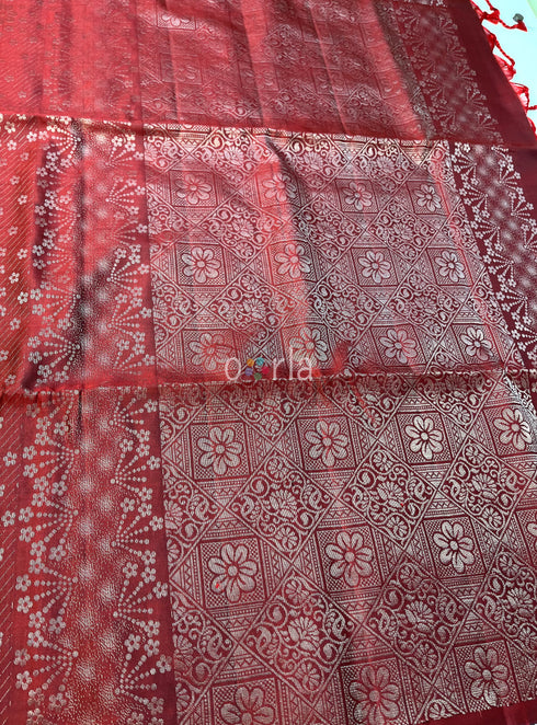 Prakruthi Ezhil Reddish Maroon Pure Silver Zari with Sleeve Work Handloom Soft Silk Saree