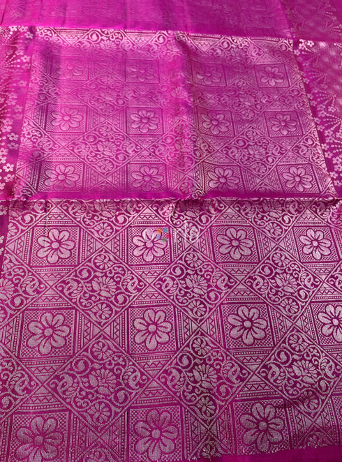 Prakruthi Ezhil Magenta Pure Silver Zari with Sleeve Work Handloom Soft Silk Saree