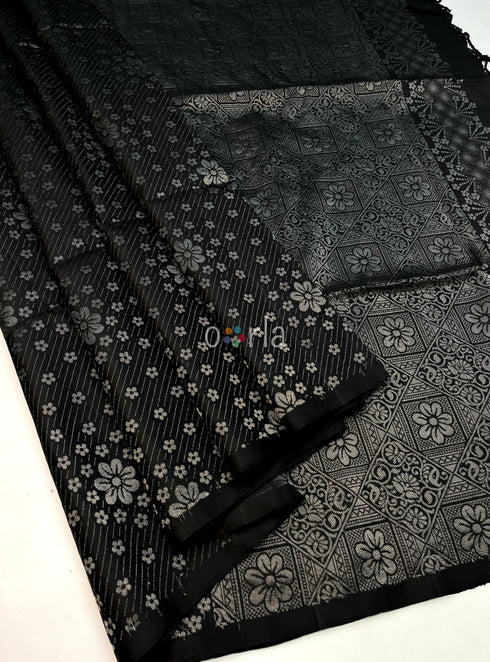 Prakruthi Ezhil Black Pure Silver Zari with Sleeve Work Handloom Soft Silk Saree