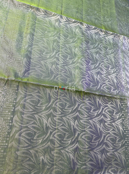 Prakruthi Ezhil Green Cross Blue Pure Silver Zari with Sleeve Work Handloom Soft Silk Saree