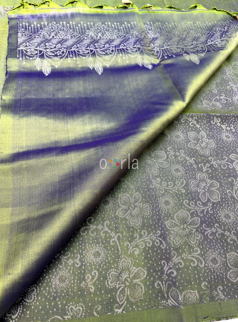 Prakruthi Ezhil Green Cross Blue Pure Silver Zari with Sleeve Work Handloom Soft Silk Saree
