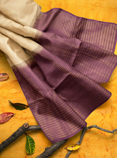 Prakruthi Vanya Beige & Grape Wine Bhutta Handloom Tencel Vegan Silk Saree
