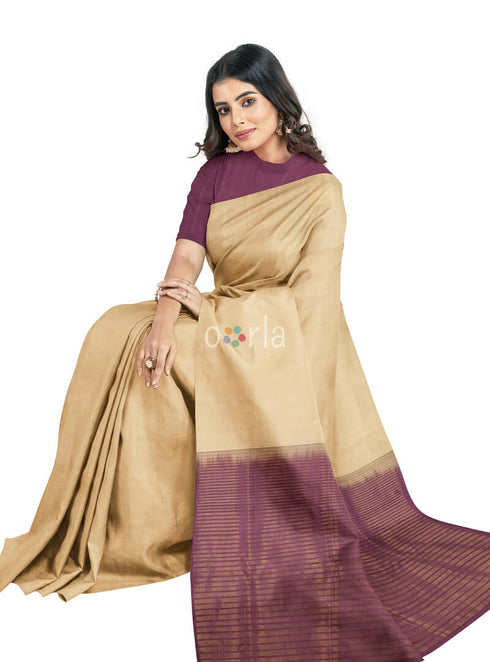 Prakruthi Vanya Beige & Grape Wine Bhutta Handloom Tencel Vegan Silk Saree