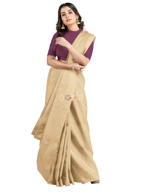 Prakruthi Vanya Beige & Grape Wine Bhutta Handloom Tencel Vegan Silk Saree