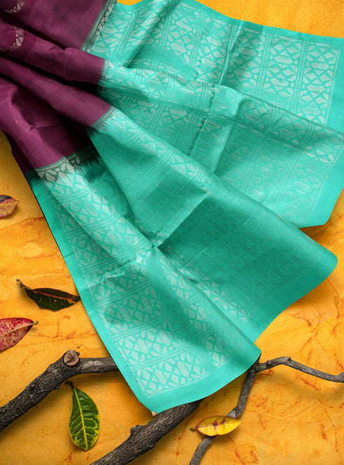 Prakruthi Vanya Grape Wine & Teal Green Bhutta Handloom Tencel Vegan Silk Saree