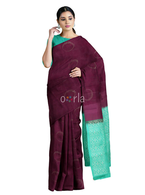 Prakruthi Vanya Grape Wine & Teal Green Bhutta Handloom Tencel Vegan Silk Saree