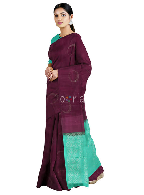 Prakruthi Vanya Grape Wine & Teal Green Bhutta Handloom Tencel Vegan Silk Saree
