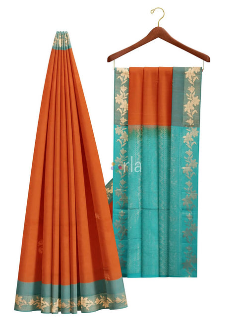 Prakruthi Vanya Rusty Orange & Teal Blue Design Border Bhutta Handloom Tencel Vegan Silk Saree