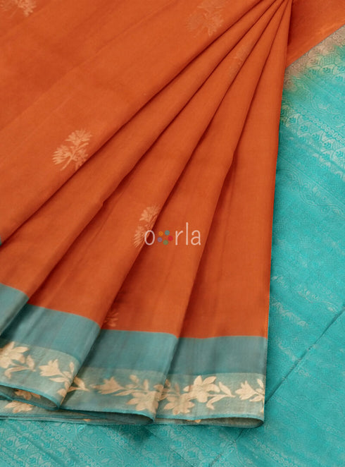 Prakruthi Vanya Rusty Orange & Teal Blue Design Border Bhutta Handloom Tencel Vegan Silk Saree