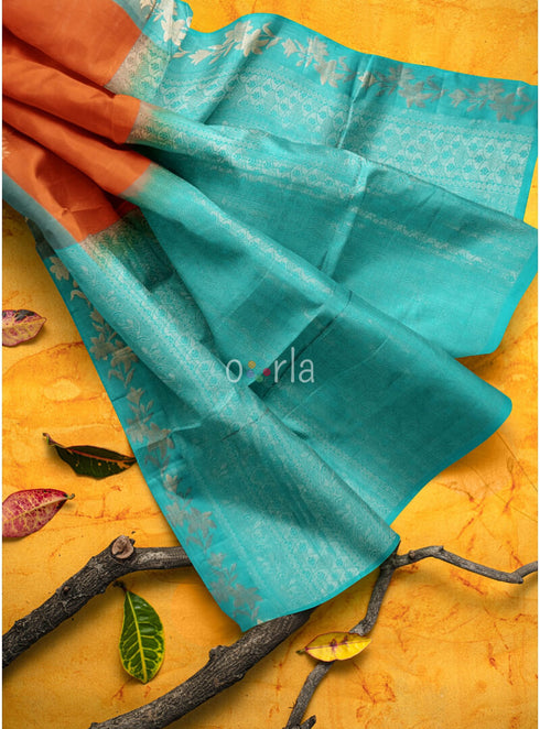 Prakruthi Vanya Rusty Orange & Teal Blue Design Border Bhutta Handloom Tencel Vegan Silk Saree