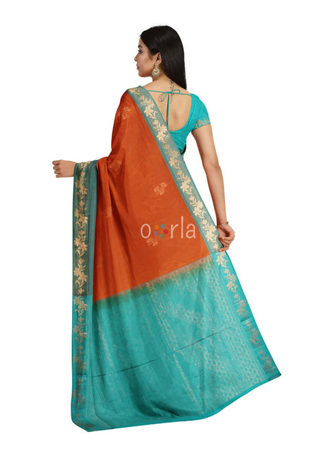 Prakruthi Vanya Rusty Orange & Teal Blue Design Border Bhutta Handloom Tencel Vegan Silk Saree
