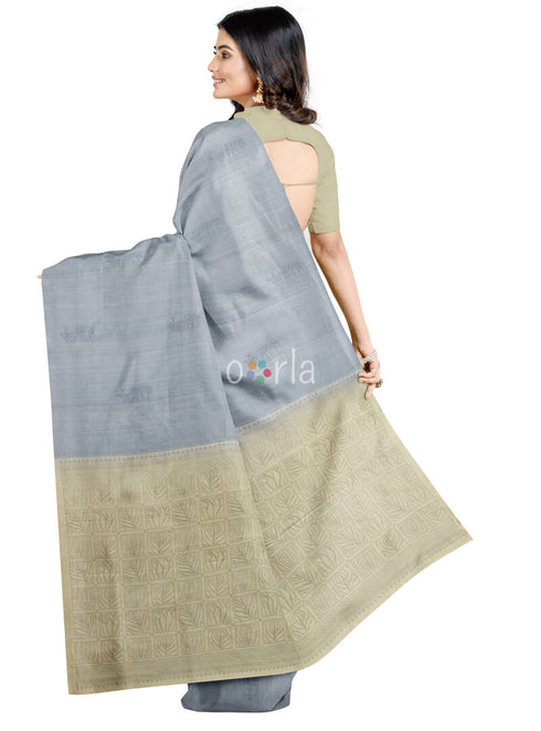 Prakruthi Vanya Light Grey & Cream Bhutta Handloom Tencel Vegan Silk Saree